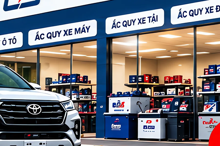 Kệ trưng bày ắc quy ô tô nhiều thương hiệu tại cửa hàng