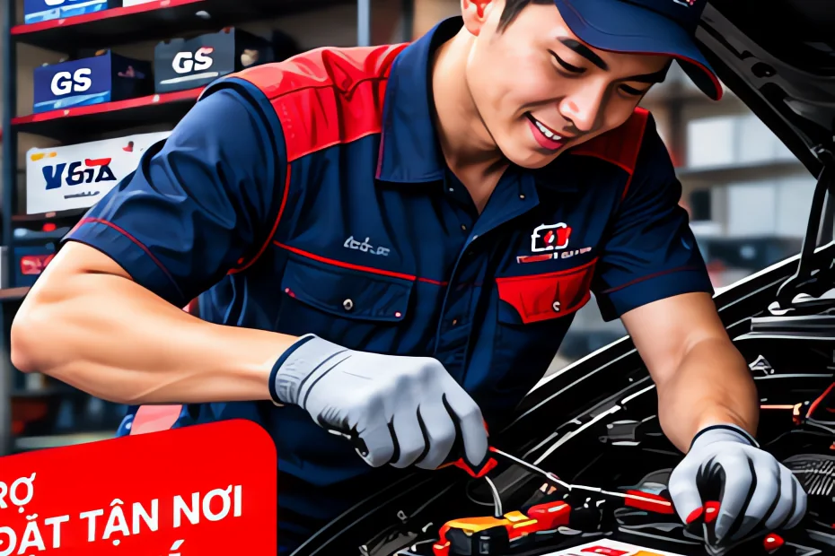 Kỹ thuật viên lắp ắc quy mới vào khoang máy ô tô